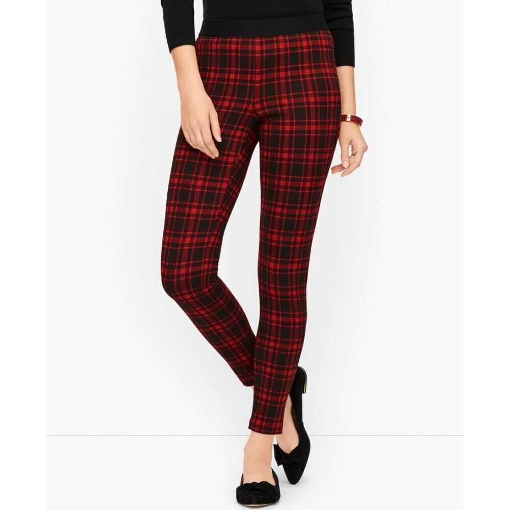 Talbots women’s black and red plaid ankle Ponte knit leggings, size 16